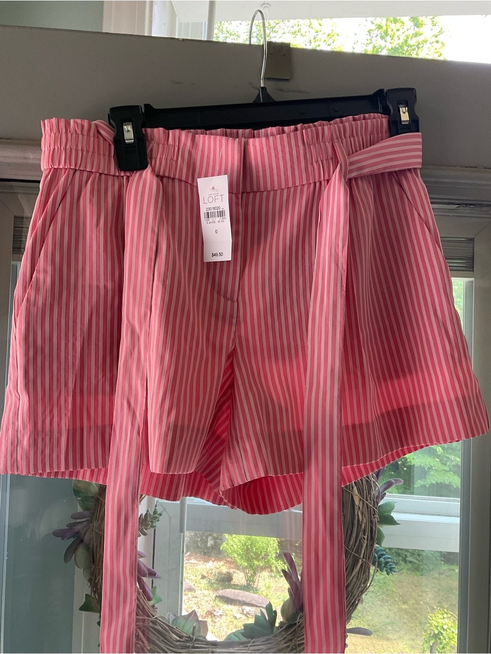 NWT LOFT Pink-coral  Striped High-Waist Paperbag Tie Shorts